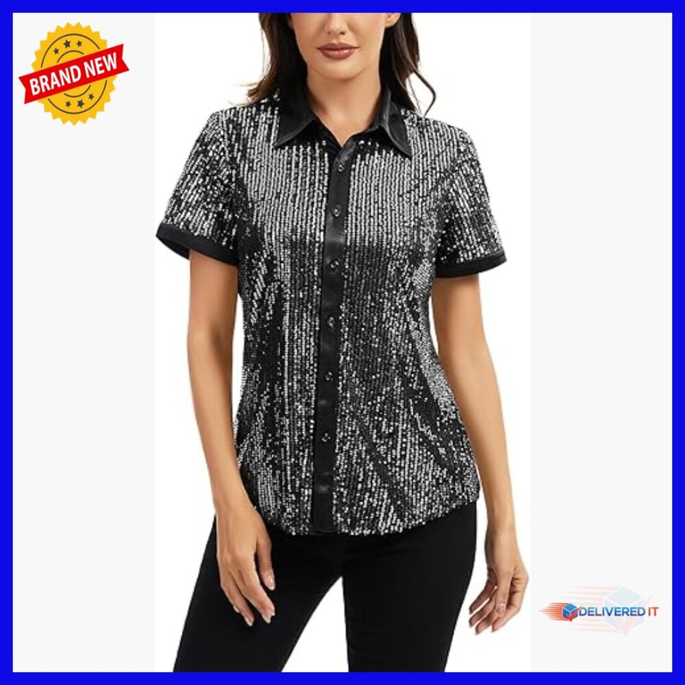 Sequin Sparkle Button Down Shirt Short Sleeve Tunic Top Blouse
